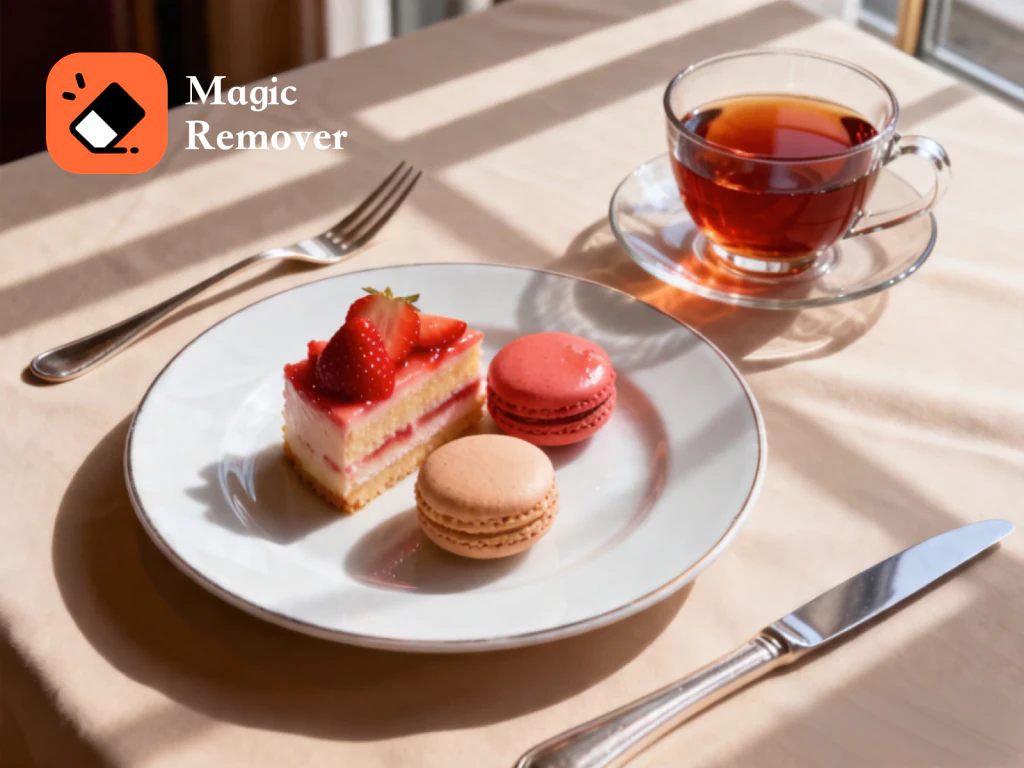 Dessert plate with MagicRemover logo overlay — before